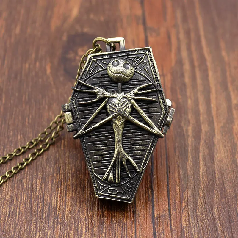 Vintage Gothic Skull Pendant Necklace Chain Quartz Pocket Watch FOB Clock Gifts for Men Women Kids