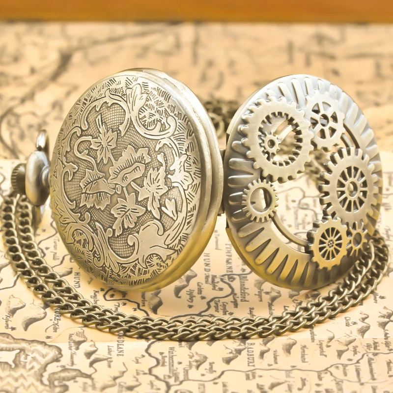 Vintage Bronze Steampunk Copper Cutout Gear Quartz Pocket Watch Necklace Pendant Clock Chain Men Women Chain Gift