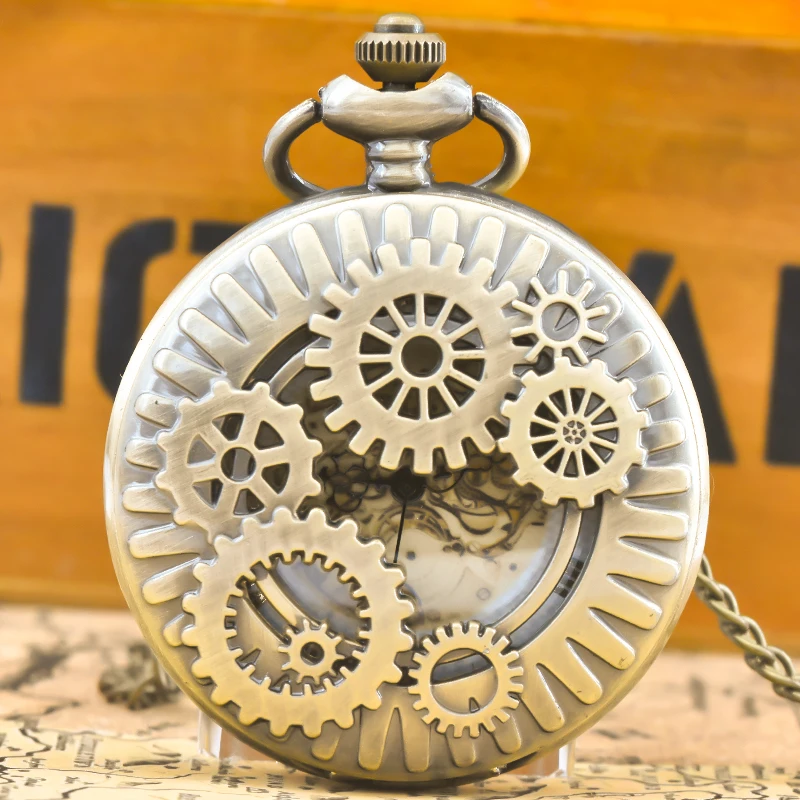 Vintage Bronze Steampunk Copper Cutout Gear Quartz Pocket Watch Necklace Pendant Clock Chain Men Women Chain Gift