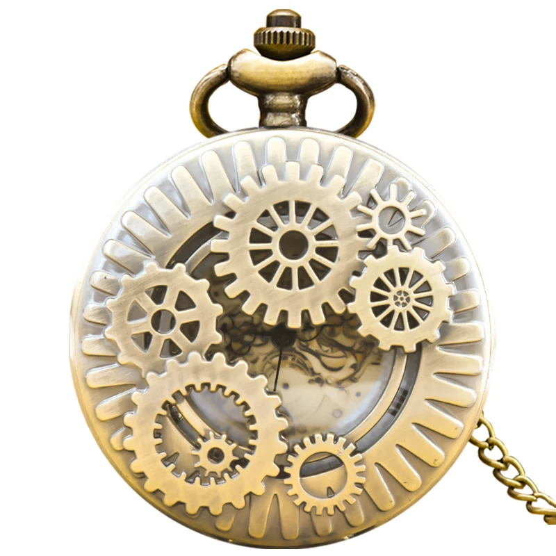 Vintage Bronze Steampunk Copper Cutout Gear Quartz Pocket Watch Necklace Pendant Clock Chain Men Women Chain Gift