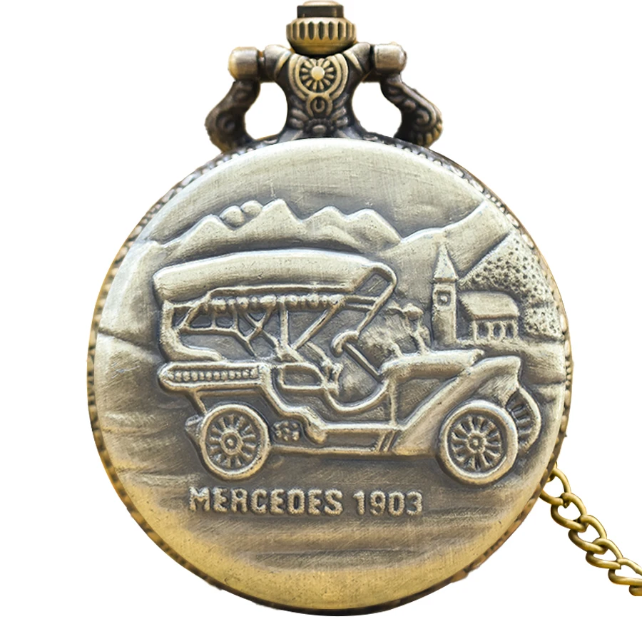 Vintage Bronze Steampunk Vintage Car 1903 Carved Quartz Pocket Watch Necklace Pendant Clock Chain Men Women Chain Gift