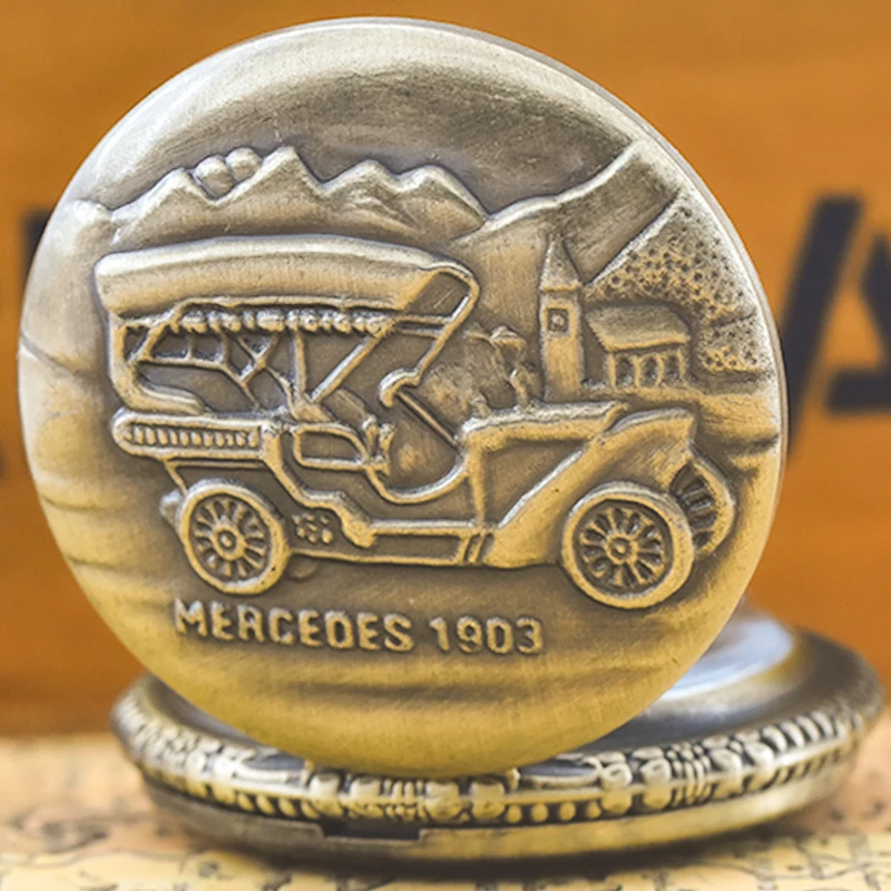 Vintage Bronze Steampunk Vintage Car 1903 Carved Quartz Pocket Watch Necklace Pendant Clock Chain Men Women Chain Gift