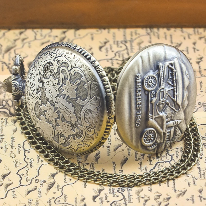 Vintage Bronze Steampunk Vintage Car 1903 Carved Quartz Pocket Watch Necklace Pendant Clock Chain Men Women Chain Gift