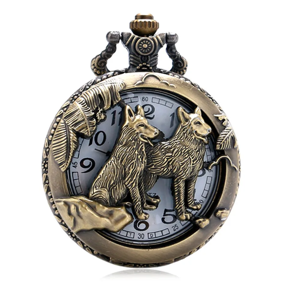 Retro Vintage Bronze Dog Wolf Hollow Quartz Fob Pocket Watch with Necklace Chain Cool Pendant Clock Gift for Male Men