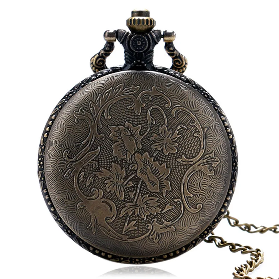 Retro Vintage Bronze Dog Wolf Hollow Quartz Fob Pocket Watch with Necklace Chain Cool Pendant Clock Gift for Male Men