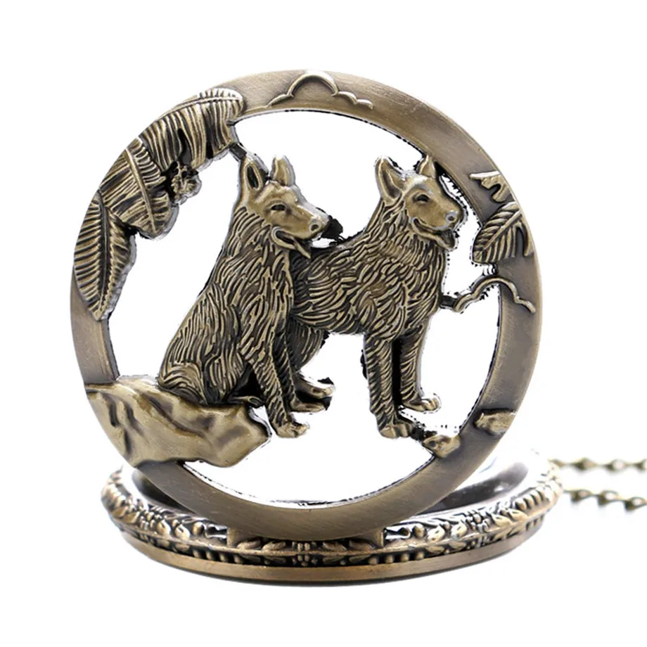 Retro Vintage Bronze Dog Wolf Hollow Quartz Fob Pocket Watch with Necklace Chain Cool Pendant Clock Gift for Male Men