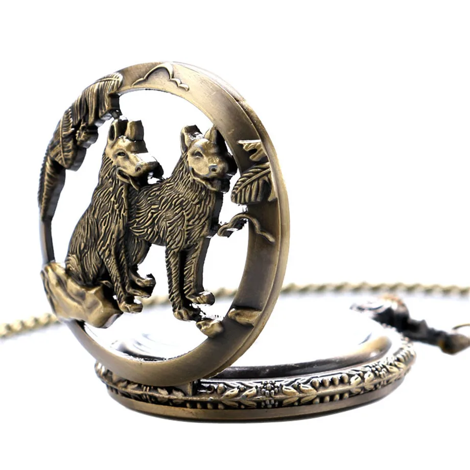 Retro Vintage Bronze Dog Wolf Hollow Quartz Fob Pocket Watch with Necklace Chain Cool Pendant Clock Gift for Male Men