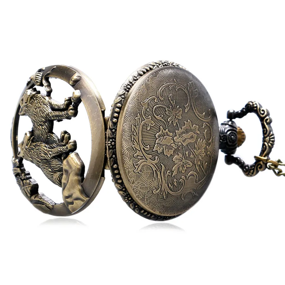 Retro Vintage Bronze Dog Wolf Hollow Quartz Fob Pocket Watch with Necklace Chain Cool Pendant Clock Gift for Male Men