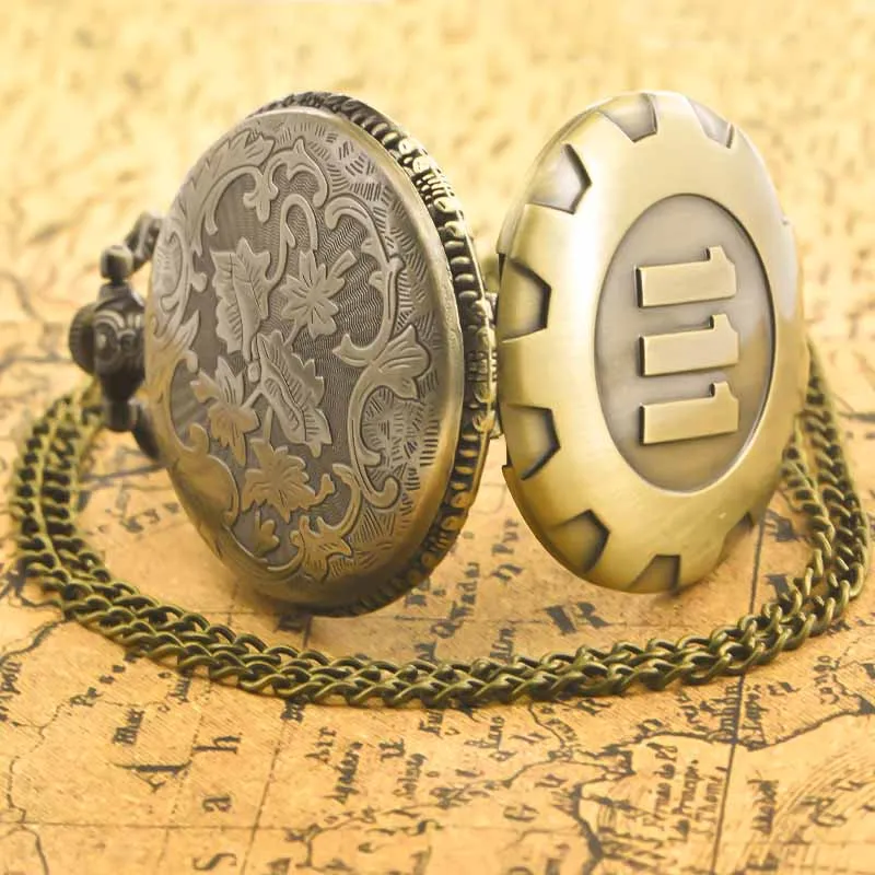 Vintage Bronze Steampunk 111 Carved Quartz Pocket Watch Necklace Pendant Clock Chain Men Women Chain Gift