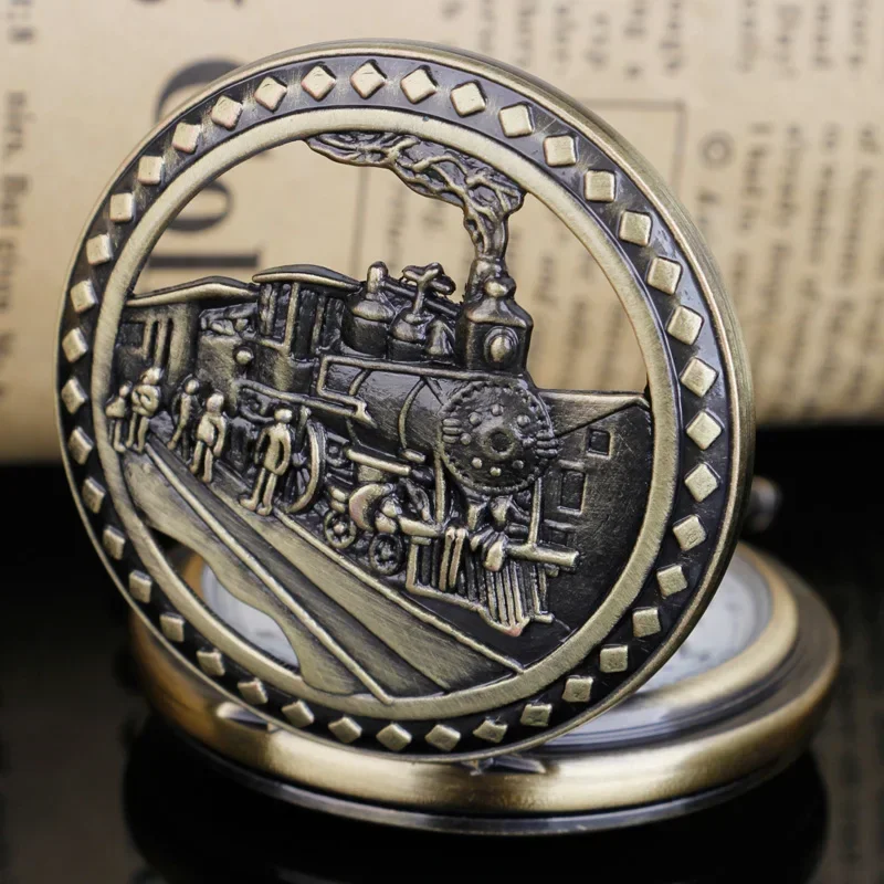 Vintage Steam Train Running on The Tracks Hollow Pocket Watch Necklace Pendant Chain Quartz Watch Unisex Gifts for Men Women