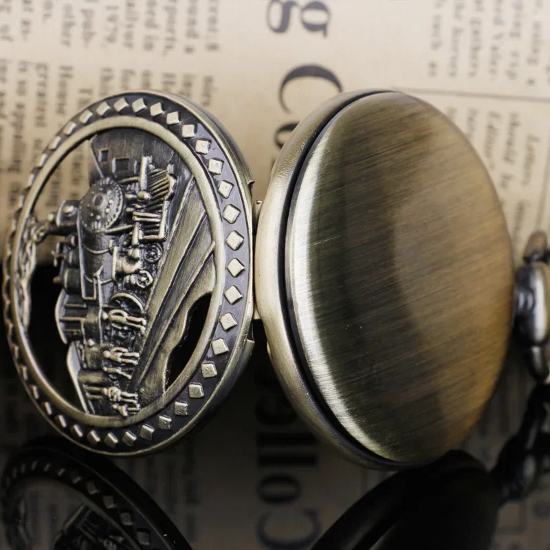 Vintage Steam Train Running on The Tracks Hollow Pocket Watch Necklace Pendant Chain Quartz Watch Unisex Gifts for Men Women