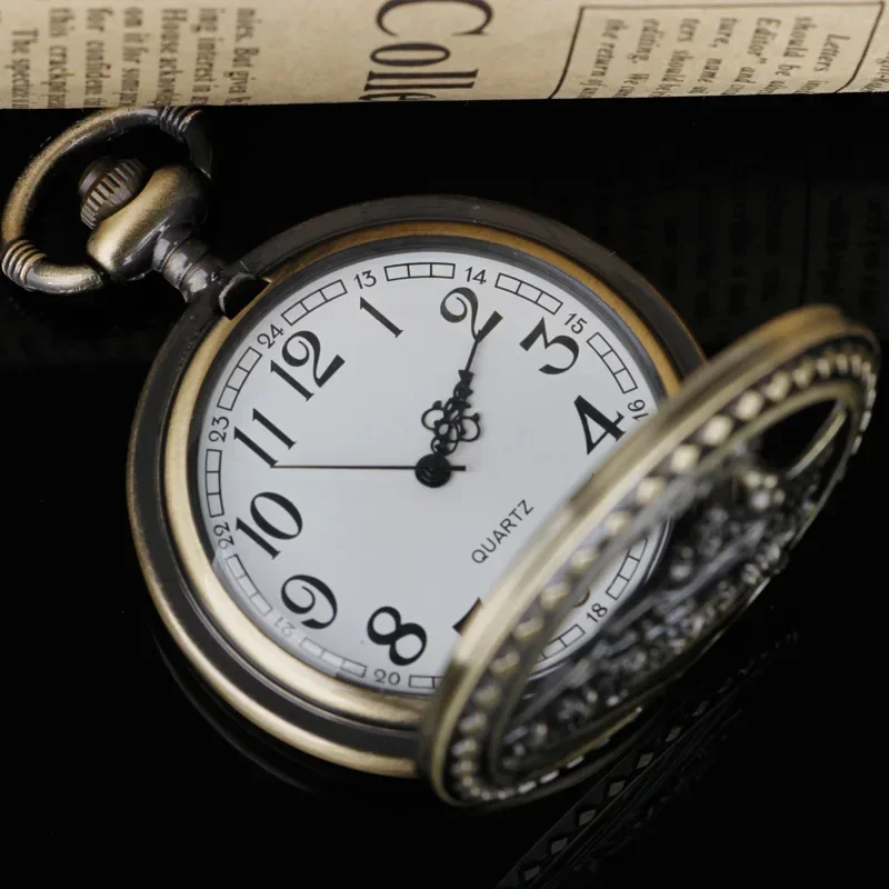 Vintage Steam Train Running on The Tracks Hollow Pocket Watch Necklace Pendant Chain Quartz Watch Unisex Gifts for Men Women