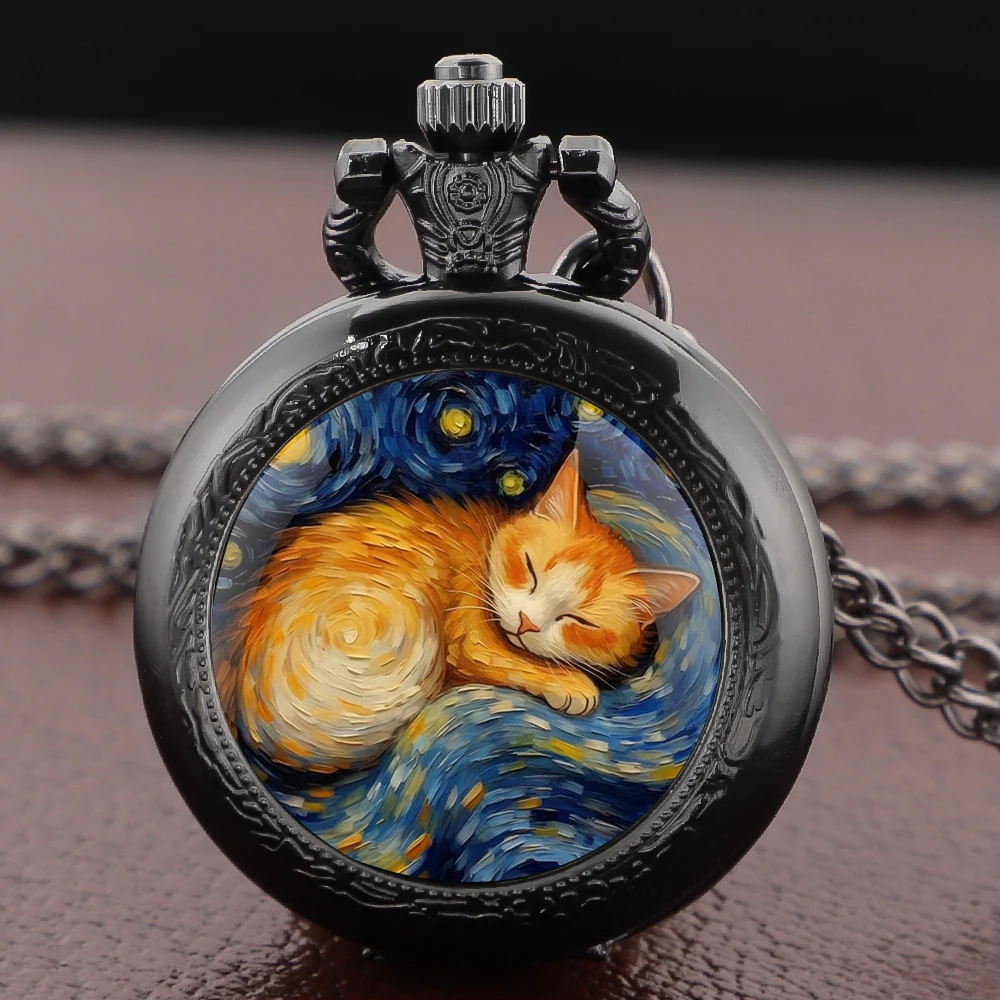 Sleep Cat Watch Black Quartz Pocket Watch Van Gogh's Art Vintage Accessory Women Necklace Pendant Clock Men Gifts for Cat Lover