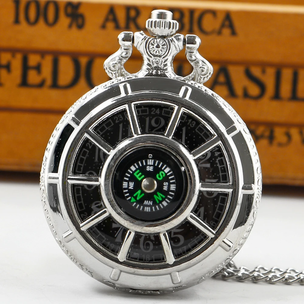 Vintage Black Compass Pocket Watch Cool Black Necklace Quartz Pocket Watches Pendant Gift for Men Women CF1382