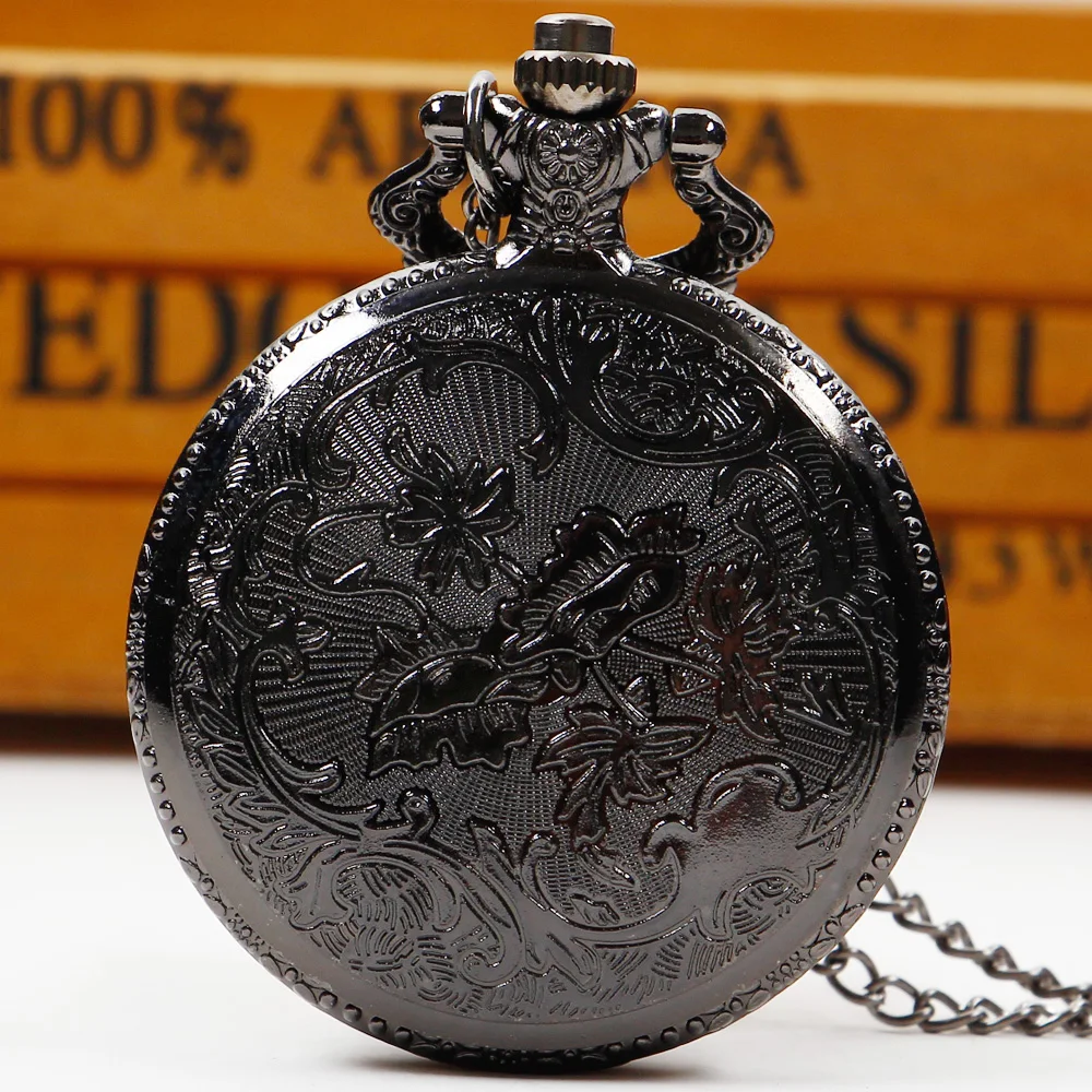 Vintage Black Compass Pocket Watch Cool Black Necklace Quartz Pocket Watches Pendant Gift for Men Women CF1382