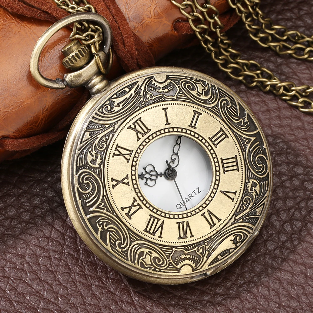 Bronze Engraved Roman Numerals Hollow Quartz Pocket Watch Classic Antique Necklace Pendant Clock Gifts with Chain