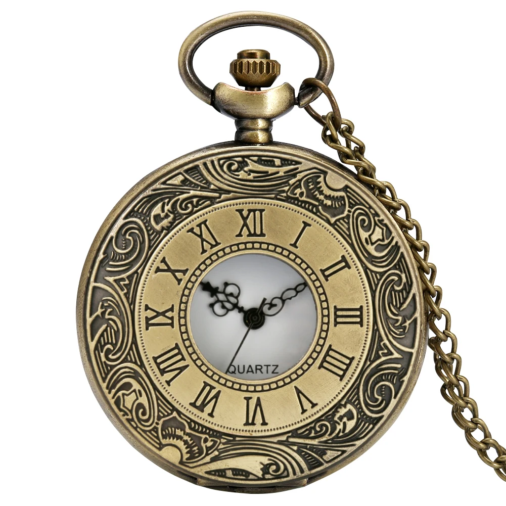 Bronze Engraved Roman Numerals Hollow Quartz Pocket Watch Classic Antique Necklace Pendant Clock Gifts with Chain