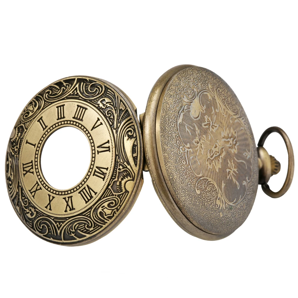 Bronze Engraved Roman Numerals Hollow Quartz Pocket Watch Classic Antique Necklace Pendant Clock Gifts with Chain