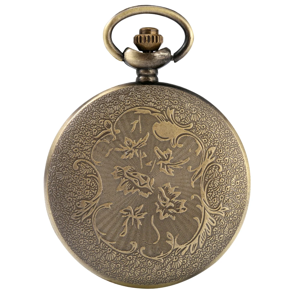 Bronze Engraved Roman Numerals Hollow Quartz Pocket Watch Classic Antique Necklace Pendant Clock Gifts with Chain