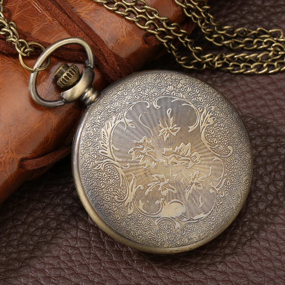 Bronze Engraved Roman Numerals Hollow Quartz Pocket Watch Classic Antique Necklace Pendant Clock Gifts with Chain