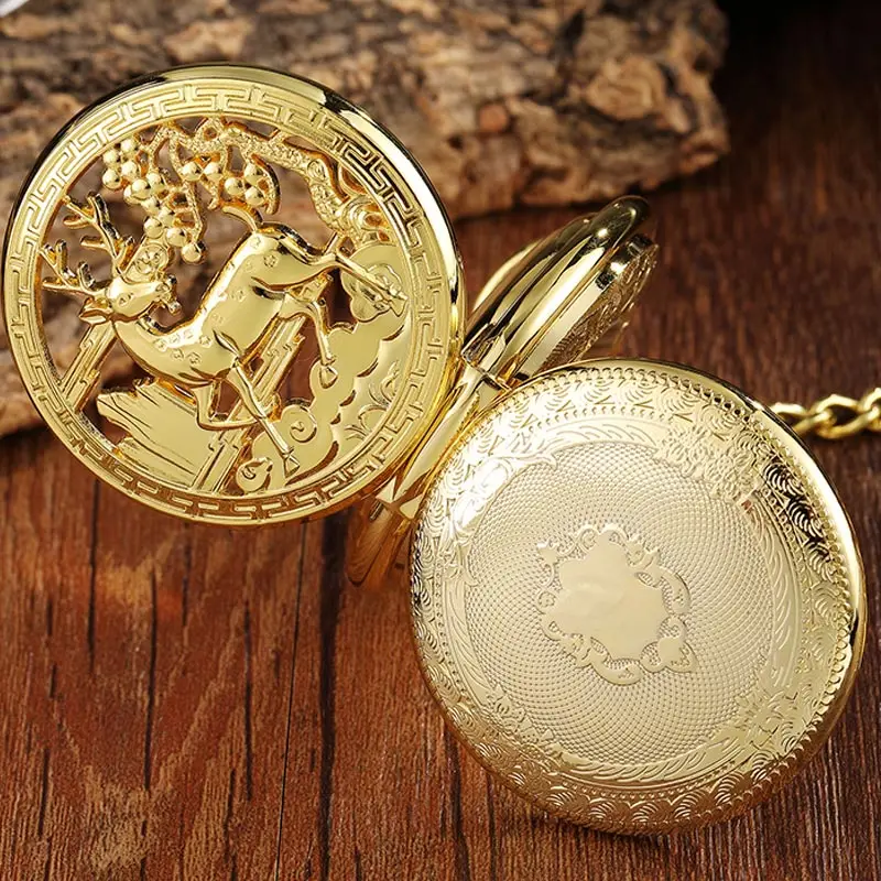 Golden Hollow Deer Pattern Mechanical Pocket Watch Vintage Double Side Steampunk Fob Clock Male Necklace Watch Chain Women Men