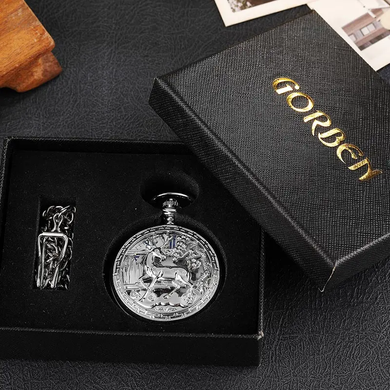 Golden Hollow Deer Pattern Mechanical Pocket Watch Vintage Double Side Steampunk Fob Clock Male Necklace Watch Chain Women Men