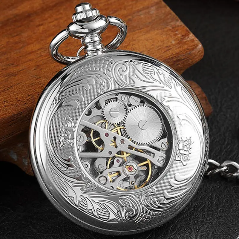 Golden Hollow Deer Pattern Mechanical Pocket Watch Vintage Double Side Steampunk Fob Clock Male Necklace Watch Chain Women Men