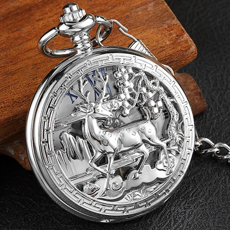 Golden Hollow Deer Pattern Mechanical Pocket Watch Vintage Double Side Steampunk Fob Clock Male Necklace Watch Chain Women Men