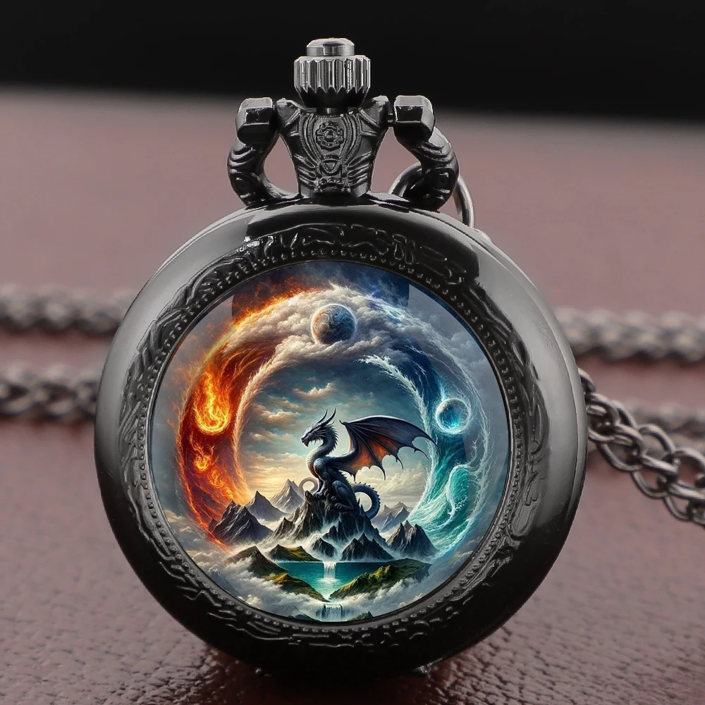 Majestic Dragon and Mystical Landscape Pocket Watch Vintage Women Necklace Pendant Clock Men Watch Gift Relojes De Bolsillo