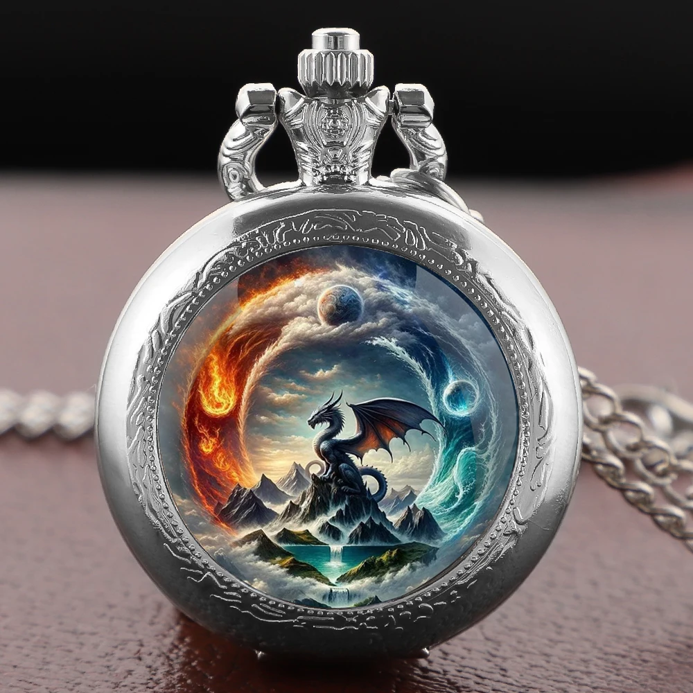 Majestic Dragon and Mystical Landscape Pocket Watch Vintage Women Necklace Pendant Clock Men Watch Gift Relojes De Bolsillo