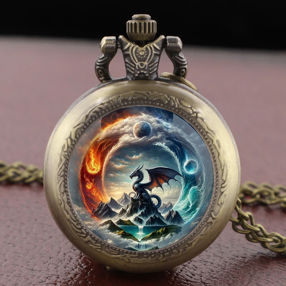 Majestic Dragon and Mystical Landscape Pocket Watch Vintage Women Necklace Pendant Clock Men Watch Gift Relojes De Bolsillo
