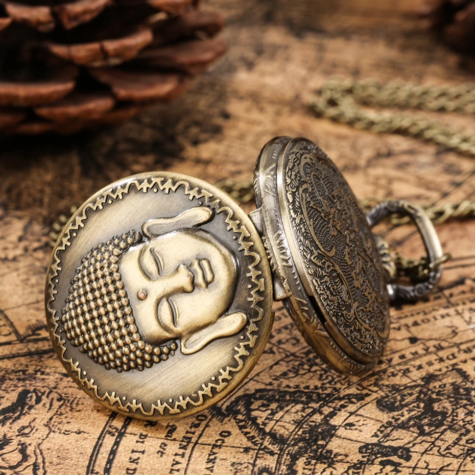 Vintage Tibetan Aroma Buddhist Temple Quartz Pocket Watch Buddha Head Design Religious Chain Pendant Necklace Gift for Men Women