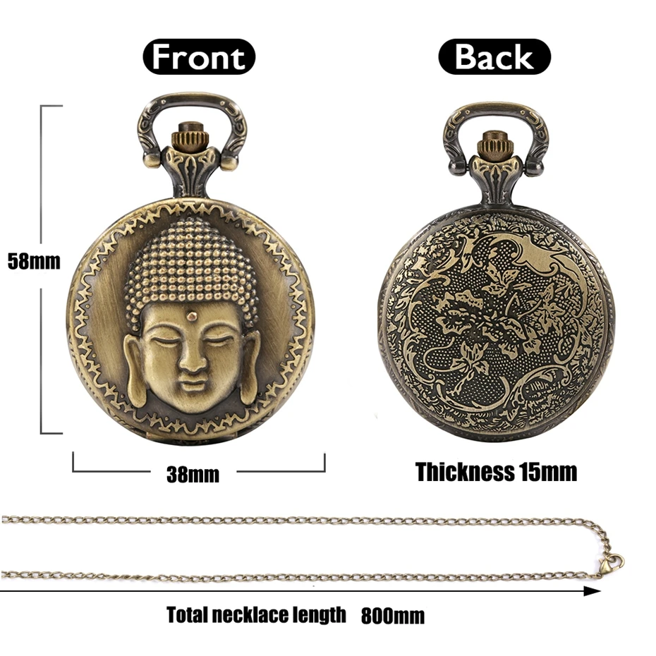 Vintage Tibetan Aroma Buddhist Temple Quartz Pocket Watch Buddha Head Design Religious Chain Pendant Necklace Gift for Men Women