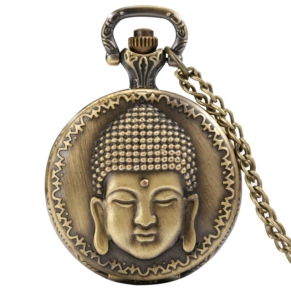 Vintage Tibetan Aroma Buddhist Temple Quartz Pocket Watch Buddha Head Design Religious Chain Pendant Necklace Gift for Men Women
