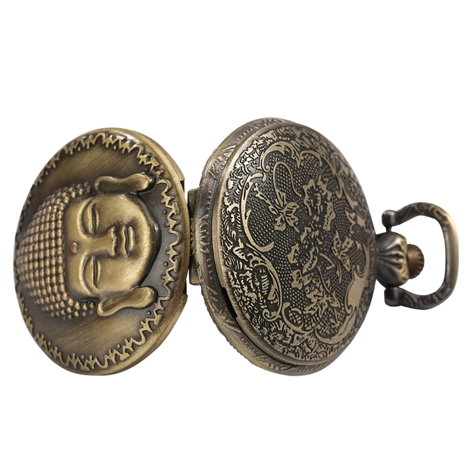 Vintage Tibetan Aroma Buddhist Temple Quartz Pocket Watch Buddha Head Design Religious Chain Pendant Necklace Gift for Men Women