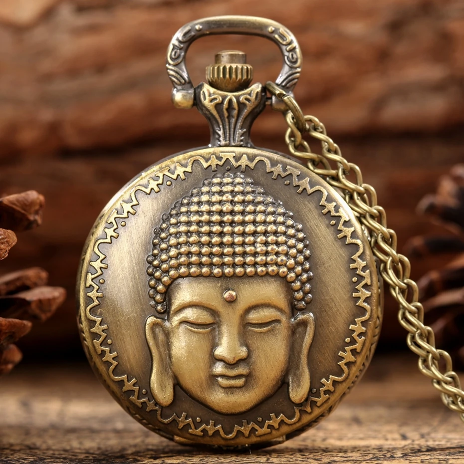 Vintage Tibetan Aroma Buddhist Temple Quartz Pocket Watch Buddha Head Design Religious Chain Pendant Necklace Gift for Men Women