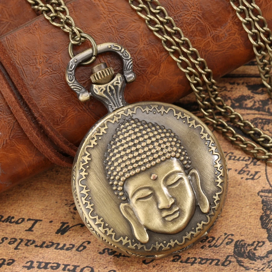 Vintage Tibetan Aroma Buddhist Temple Quartz Pocket Watch Buddha Head Design Religious Chain Pendant Necklace Gift for Men Women