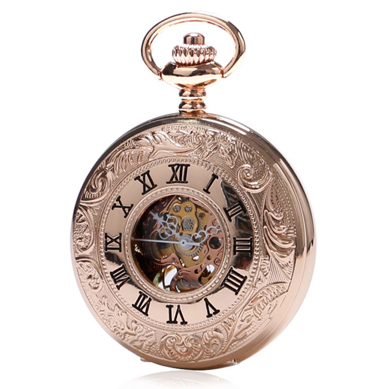 Charm Rose Gold Mechanical Pocket Watch Men's Clock Women's Dress Chain Jewelry Fashion Double Open Hunter FOB Watch Gift Online