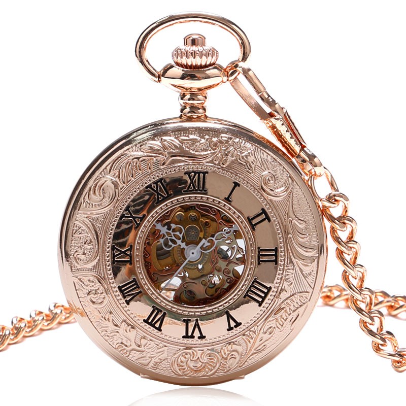 Charm Rose Gold Mechanical Pocket Watch Men's Clock Women's Dress Chain Jewelry Fashion Double Open Hunter FOB Watch Gift Online