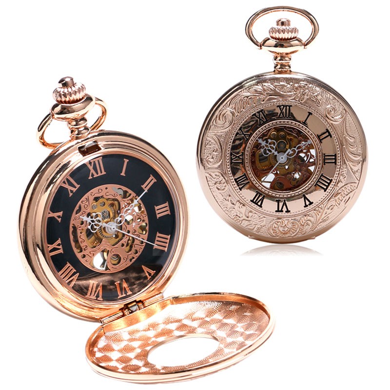 Charm Rose Gold Mechanical Pocket Watch Men's Clock Women's Dress Chain Jewelry Fashion Double Open Hunter FOB Watch Gift Online