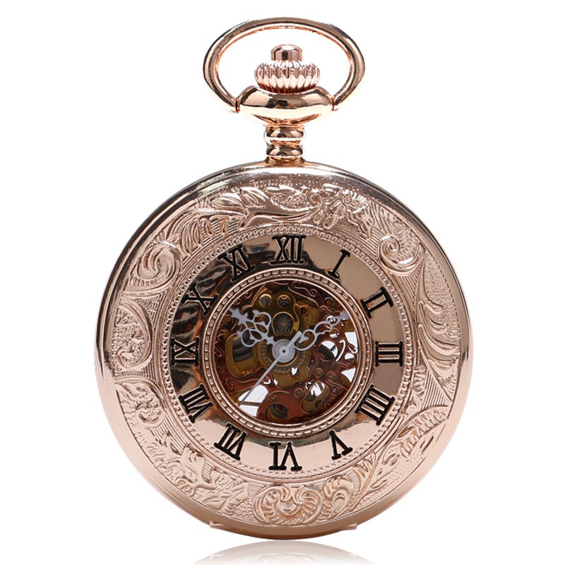 Charm Rose Gold Mechanical Pocket Watch Men's Clock Women's Dress Chain Jewelry Fashion Double Open Hunter FOB Watch Gift Online