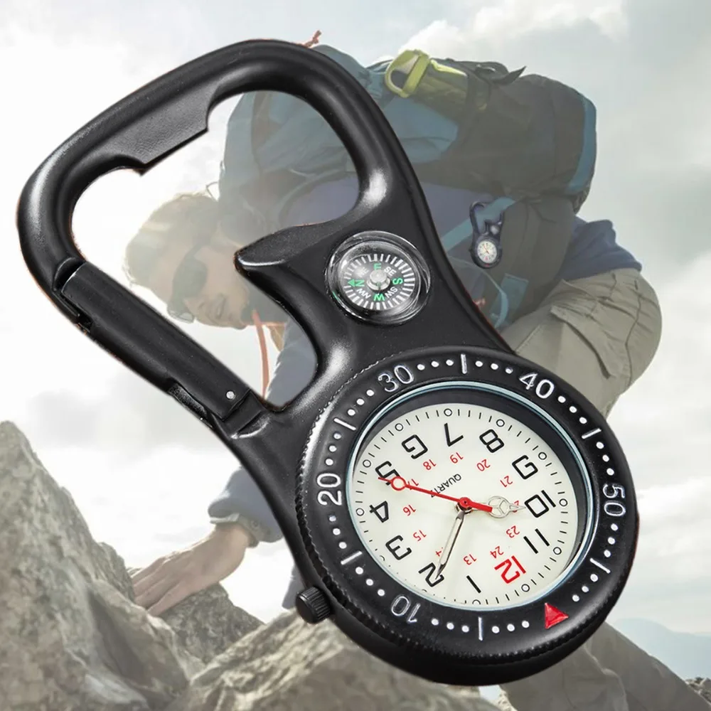 Multifunctional Clip-On Carabiner Pocket Watch Nurse Watch Compass Bottle Opener for Doctors Chefs Luminous Outdoor Sport Clock