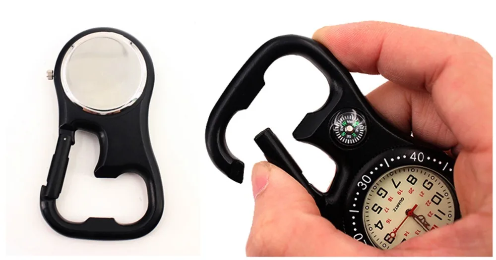 Multifunctional Clip-On Carabiner Pocket Watch Nurse Watch Compass Bottle Opener for Doctors Chefs Luminous Outdoor Sport Clock