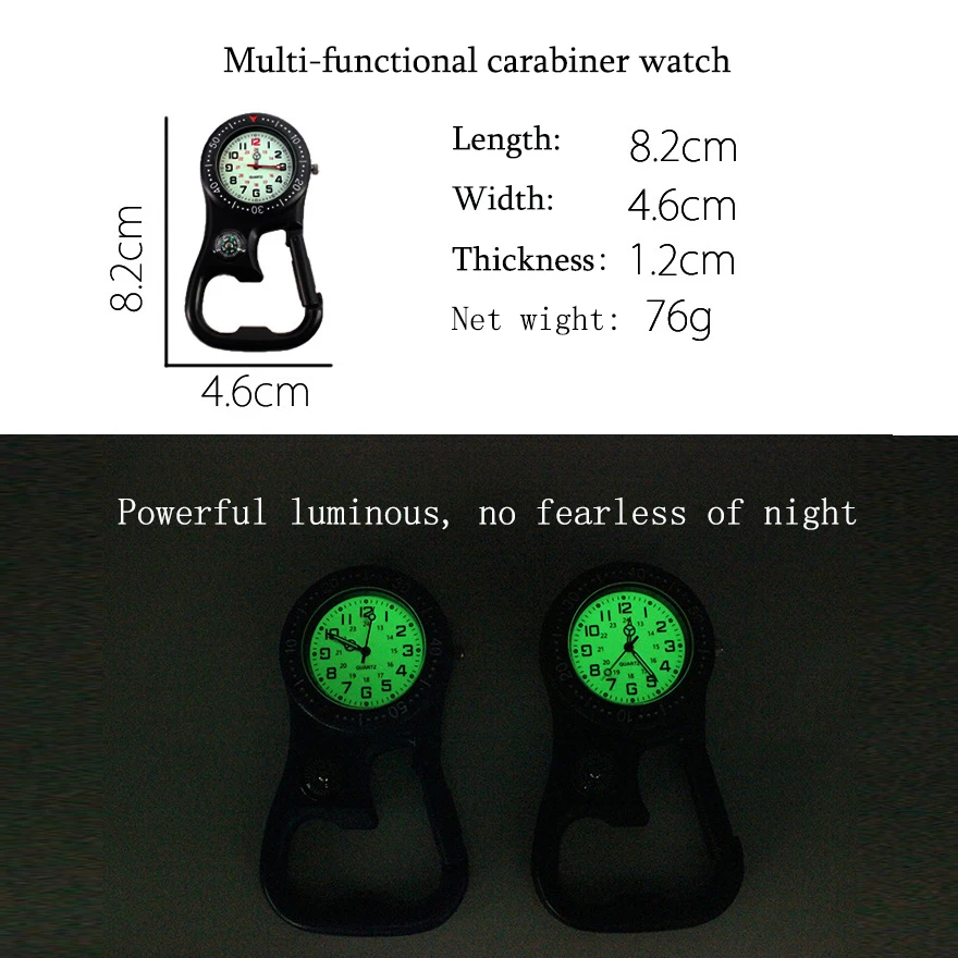 Multifunctional Clip-On Carabiner Pocket Watch Nurse Watch Compass Bottle Opener for Doctors Chefs Luminous Outdoor Sport Clock