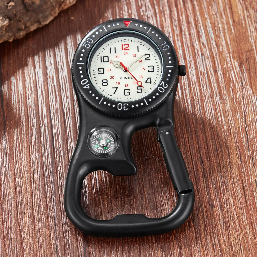 Multifunctional Clip-On Carabiner Pocket Watch Nurse Watch Compass Bottle Opener for Doctors Chefs Luminous Outdoor Sport Clock