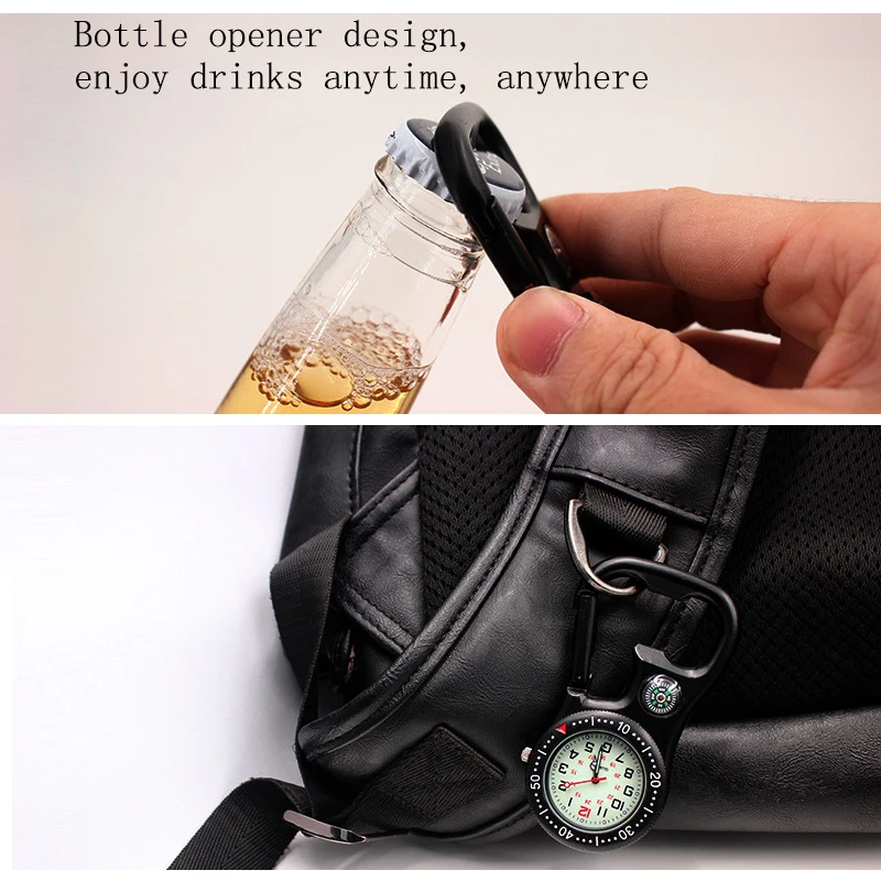 Multifunctional Clip-On Carabiner Pocket Watch Nurse Watch Compass Bottle Opener for Doctors Chefs Luminous Outdoor Sport Clock