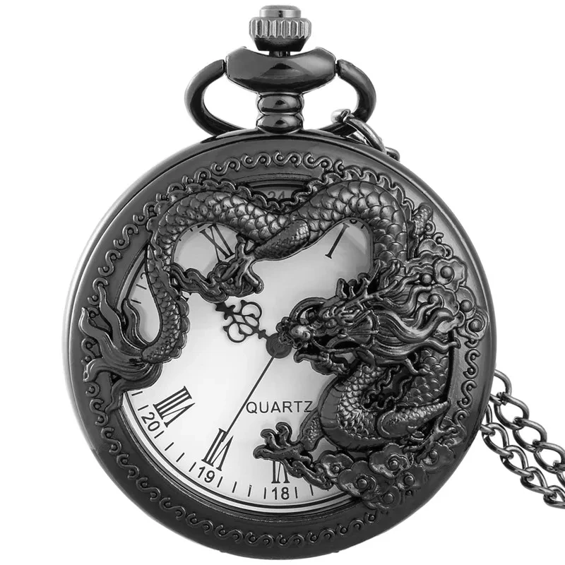 Classic Vintage Pocket Watch Fashion Hollow Carving Chinese Dragon Roman Numerals Dial Necklace Gift