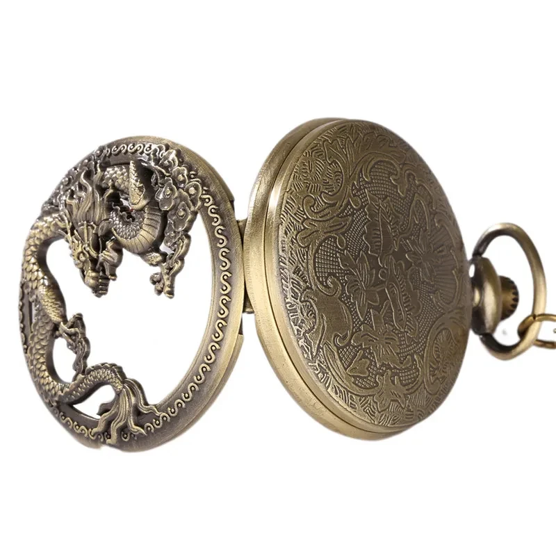 Classic Vintage Pocket Watch Fashion Hollow Carving Chinese Dragon Roman Numerals Dial Necklace Gift