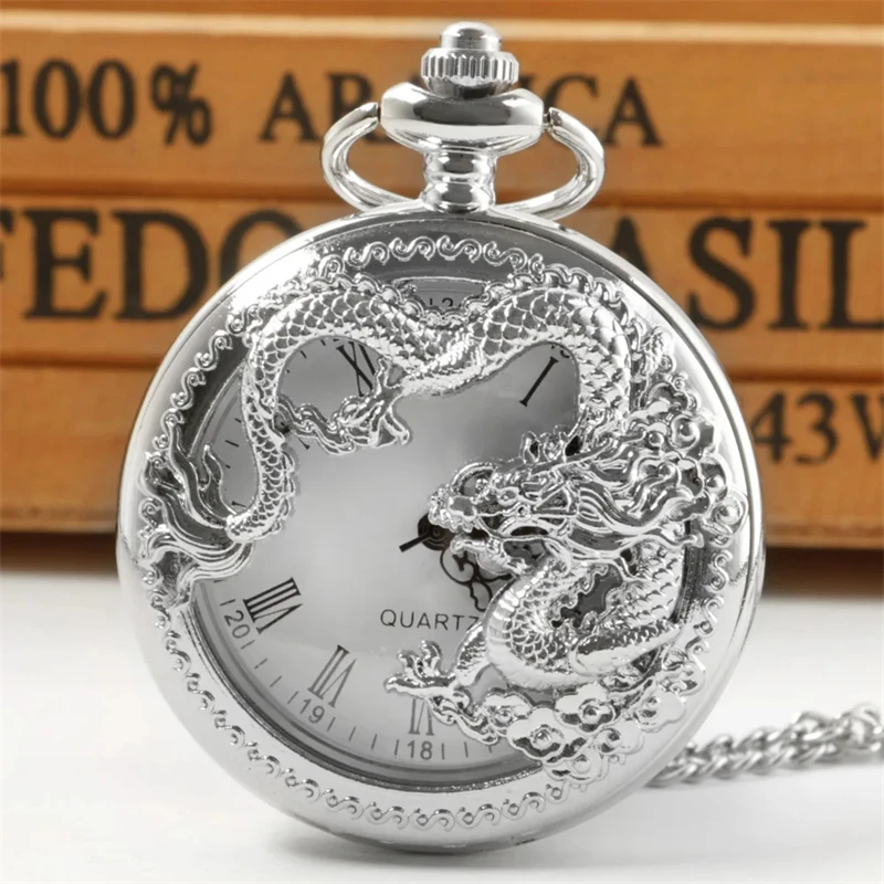 Classic Vintage Pocket Watch Fashion Hollow Carving Chinese Dragon Roman Numerals Dial Necklace Gift