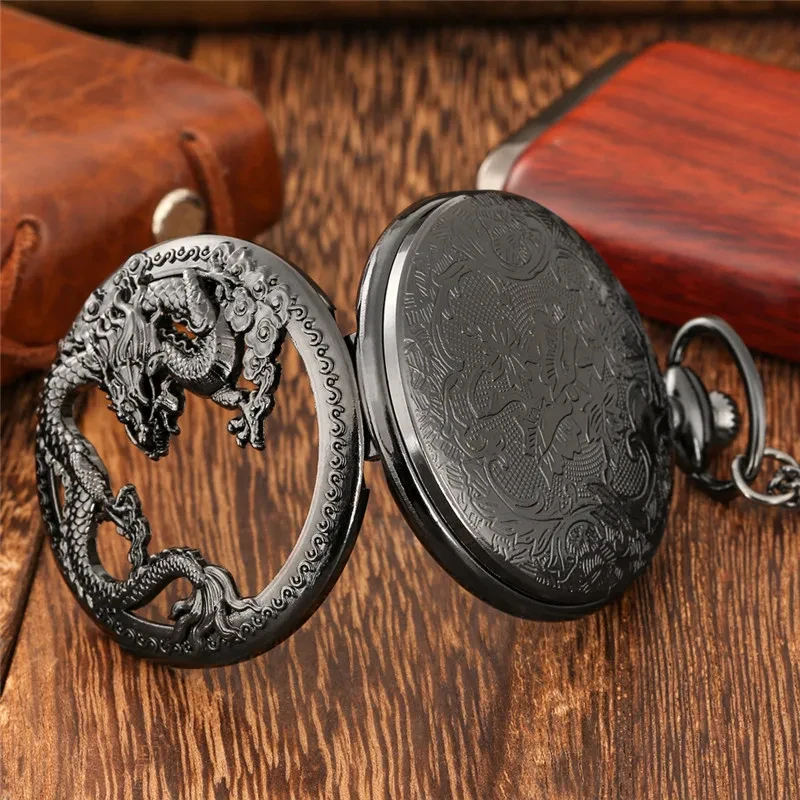 Classic Vintage Pocket Watch Fashion Hollow Carving Chinese Dragon Roman Numerals Dial Necklace Gift